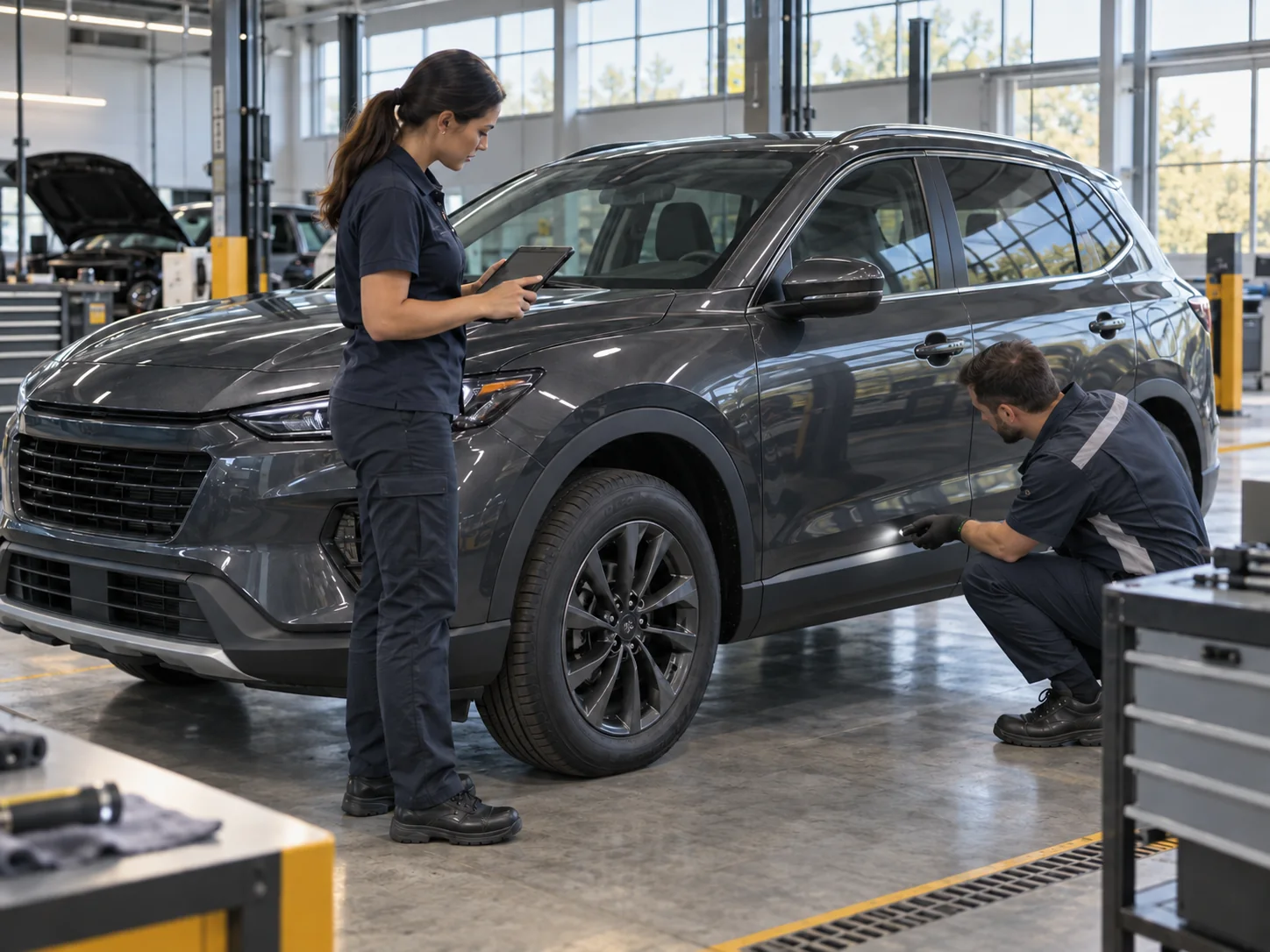 Специалисты осматривают закрытый автомобиль перед регистрацией